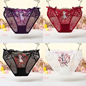 

Sexy Embroidered Ladies Panties Hollow Low Rise Ultra-thin Mesh Lingerie Fox Pattern Lace Flower Stitching Women Bowknot Briefs