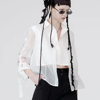 

Loose Original Design Two-piece Shirt Fashion Minority Mesh Perspective Womens Tops and Blouses Trend Wild Women Clothes XJ4457