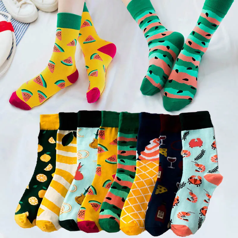 Cute Cartoon Fruit Print Watermelon cantaloupe shrimp Girls Kawaii Socks meias Korean Harajuku Embroidery Pile Heap Funny Socks