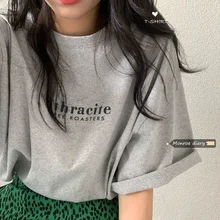 

Women's Design Sense Minority Loose Versatile T-shirts 2021 Korean Version Grey Short Sleeve New Summer Base T-shirt Fashion Top