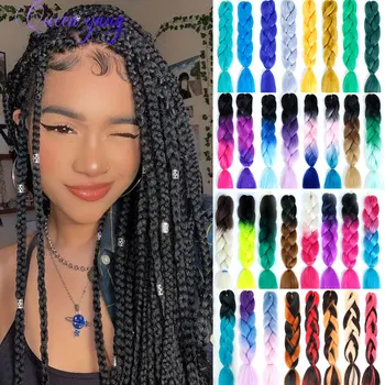 

QUEENYANG 24Inch 105g/pic Ombre 100% Synthetic Kanekalon Jumbo Braiding Hair Expressions Pre Stretched Afro Wholesale Blue Hair