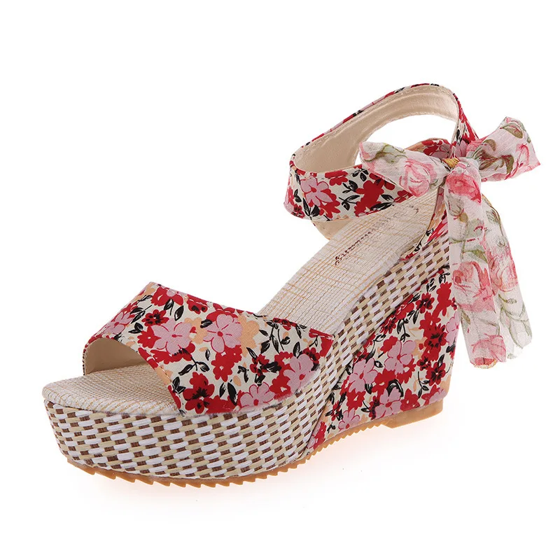 

Women Summer Wedge Sandals Female Floral Bowknot Platform Bohemia High Heel Sandals Fashion Ankle Strap Open Toe Ladies Shoes 66