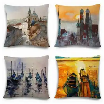 

Architectural Sea Scenic Pattern Cotton Linen Pillowcase for Home Office Sofa Seat Decor Textile Throw Pillow Cover