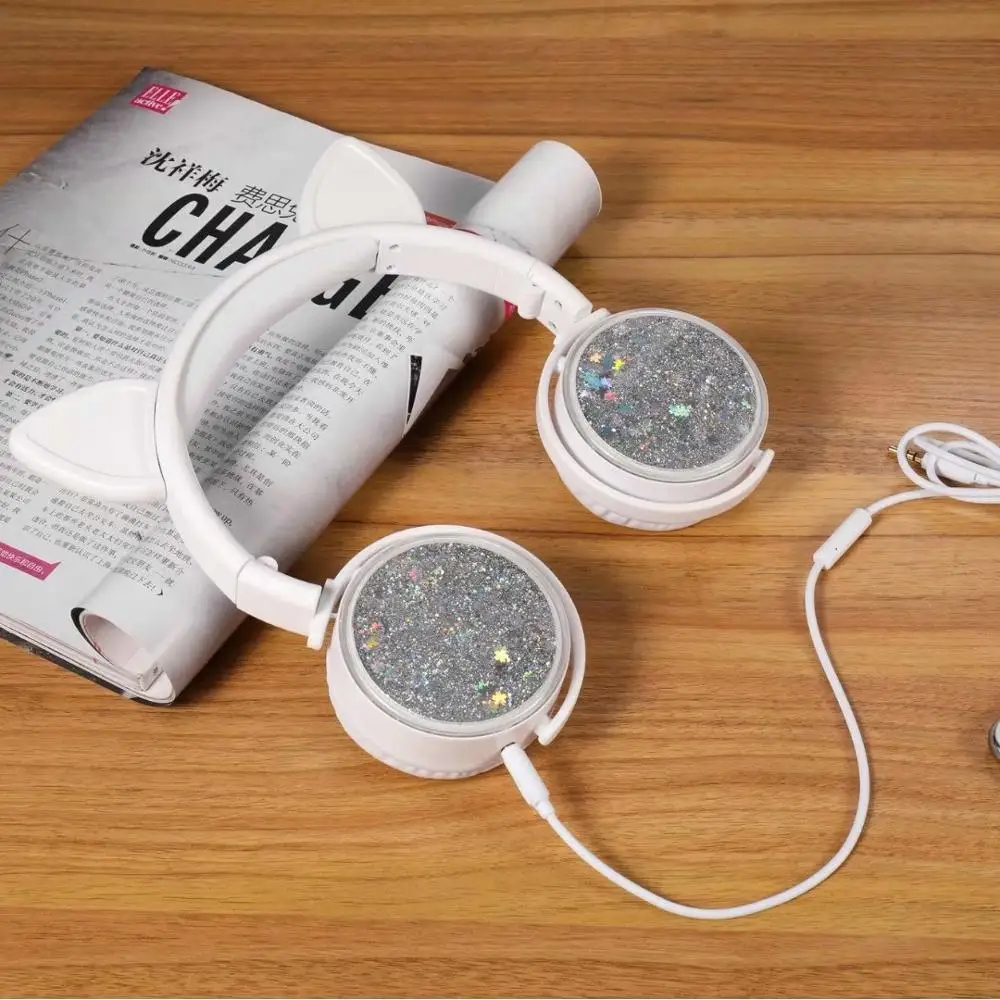 Girls Cat Ear Headset Quicksand Decor Music Sports Headphones for Kids Gifts