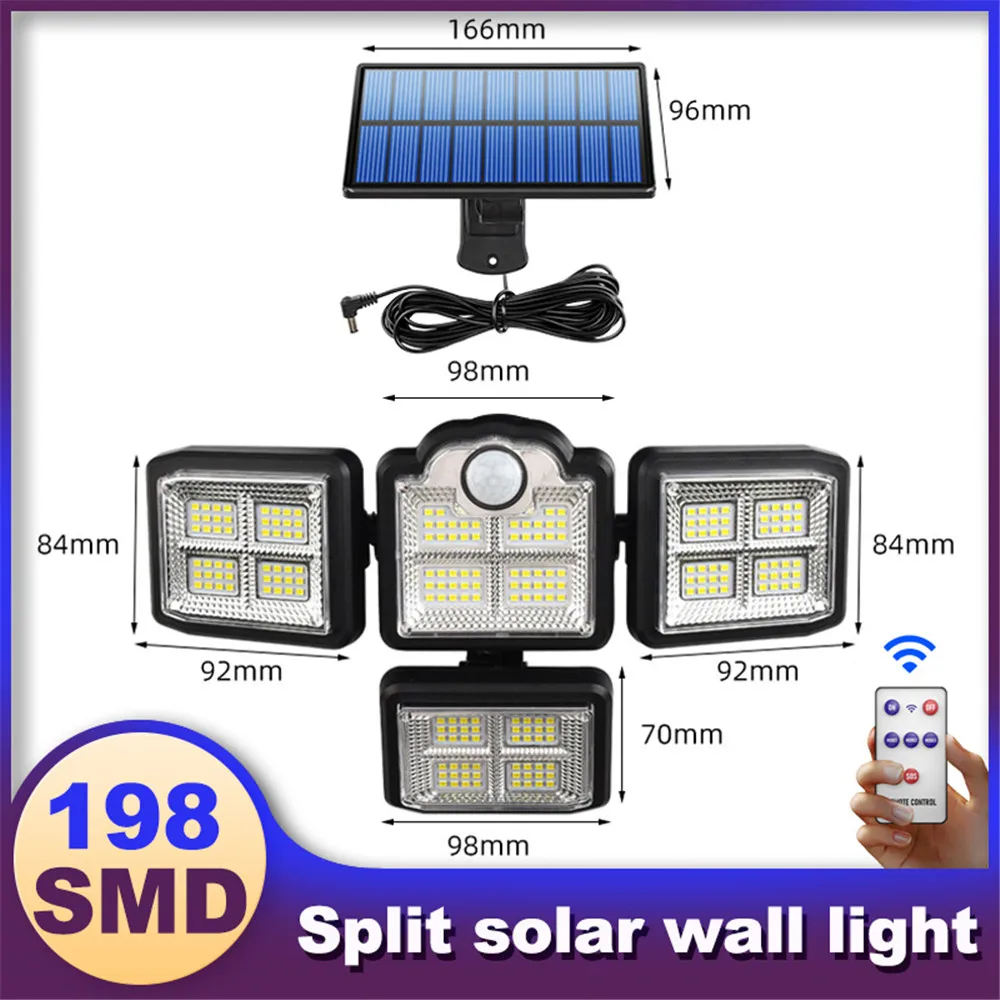 198 192 LED Solar Light 2000W Motion Sensor 4 Heads 3 Modes Solar Wall Lamp IP67 Waterproof Outdoor Landscape Security Lighting solar torch lights