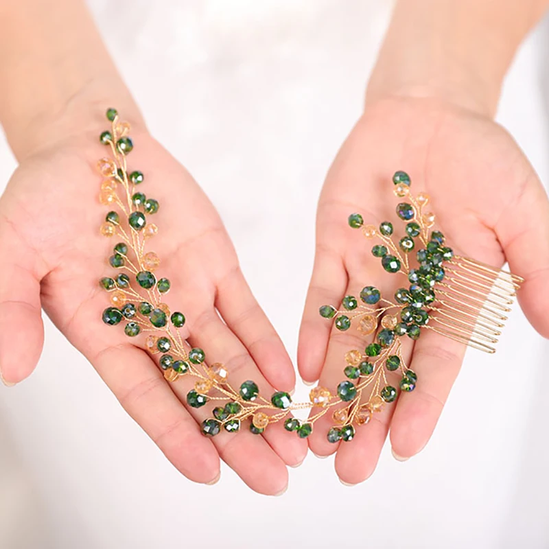 Bridal Headwear tiaras Wedding Bohemian Hair comb Green Headpiece Handmade Bride to be head jewelry Crystal Headbands for women