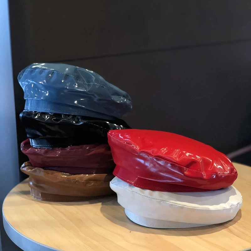 Winter Patent Shiny Solid Color Pu Leather French Beret Cap Leisure Painter Leather Hat For Women