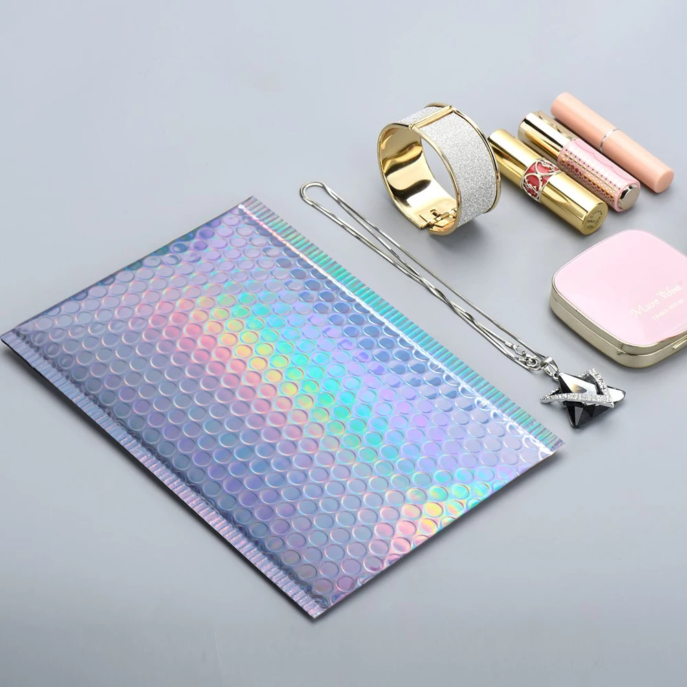 10PCS Metallic Foil Bubble Mailer Makeup Gift Bag Colorful Padded Wrap Packaging Bubble Envelope Padded Laser Silver Mailing Bag