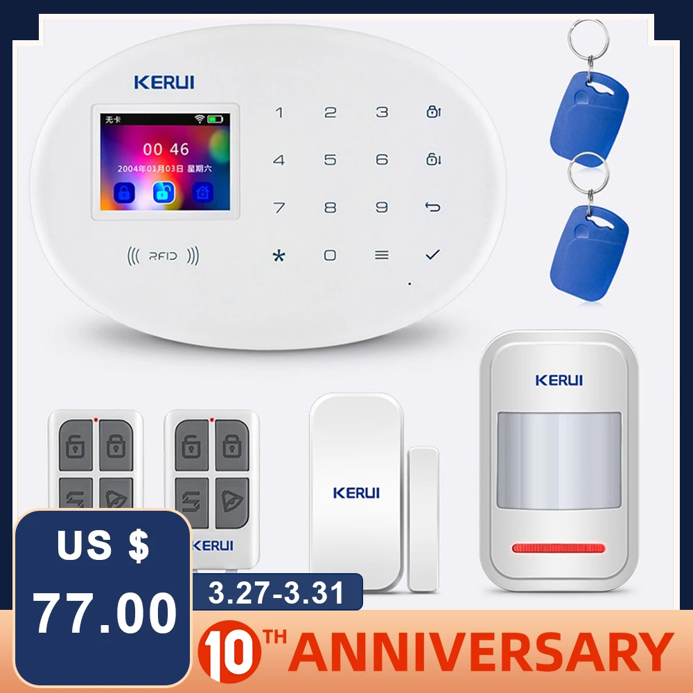 

KERUI 2.4 inch Touch Panel APP Control RFID Card 433MHz W20 WIFI GSM Home Security Alarm System Wireless Smart Burglar Alarm Kit