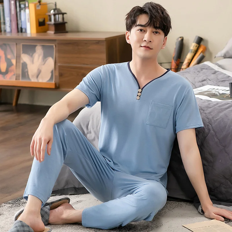 Men's Modal Cotton Pajamas Set Summer Short-Sleeve Tops + Long Pants Nightwear Home Wear Suits Simple Fashion Sleepwear For Men pajamas set man pajamas set