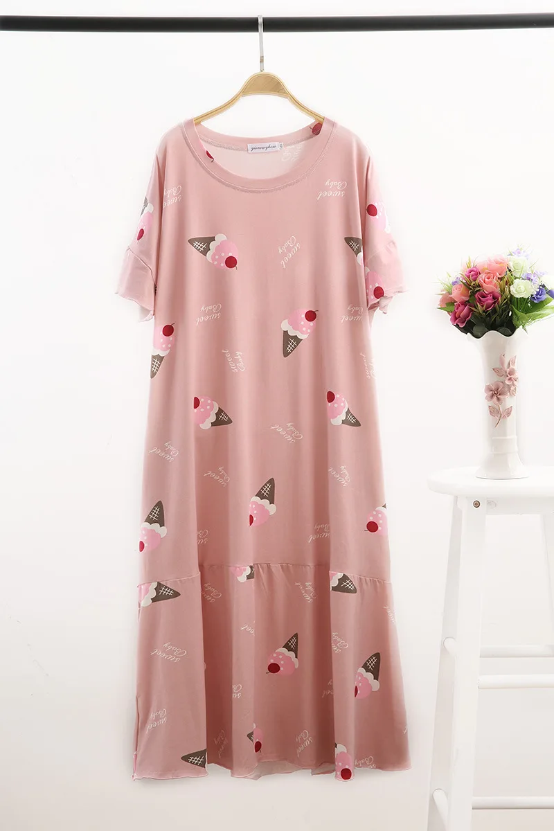 Платье для сна с рисунком мороженого, Женское ночное платье, длинная Корейская одежда для сна, хлопковые ночные рубашки, Повседневная Ночная одежда, большой размер 5xl 6xl - Цвет: Bean Pink