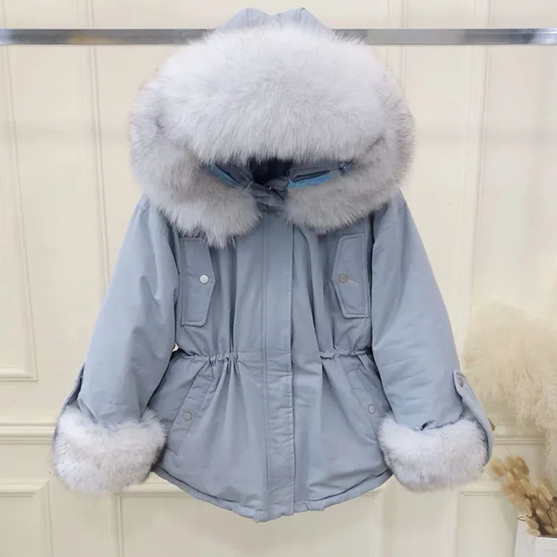 

2019 Fashion Parka Womens Fox fur Hooded Down Jacket Korea Loose Adjustable waist Short Winter Outerwear Warm Thick Ladies Coats