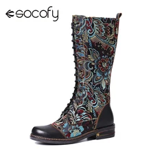 SOCOFY-Botas planas de media caña para Mujer, zapatos elegantes con estampado de flores y costuras coloridas, con cremallera y cordones