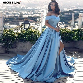 

sky blue royal blue champagne black burgundy prom dresse new satin V neck OFF shoulder high slit A Line beach gala dress custom