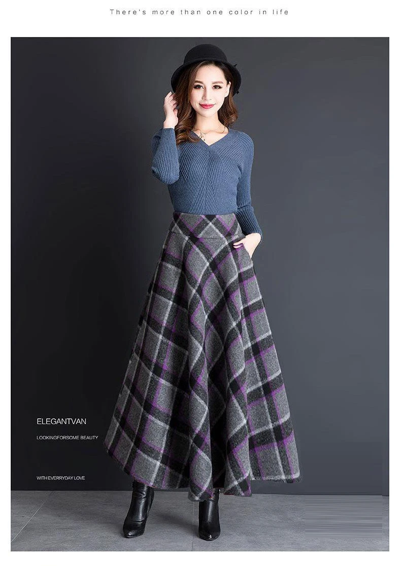 FairyShely 2020 High Waist Plaid Pleated Skirt Women Vintage Pocket Woolen Plus Size Maxi Skirt female Korean Tweed Long Skirt mini skirt