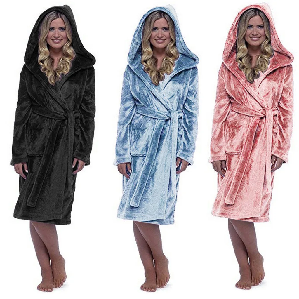 Женский халат с капюшоном, зимний, плюшевый, удлиненный, шаль, халат, домашняя одежда, длинный рукав, чистый цвет, халат, пальто#4