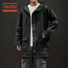 Liketkit, мужские осенние тренчи с капюшоном,, мужские однотонные свободные толстые куртки с карманами, мужские повседневные японские длинные пальто больших размеров