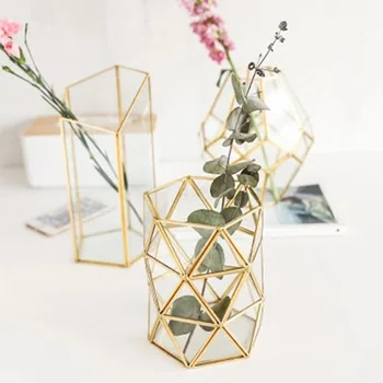 

Glass Geometric Vase Gold-plated Copper Strip Flower Arrangement Beautiful Storage Tube Tide Decoration Nordic Light Luxury