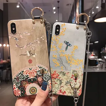 

Cute 3D Emboss Flower Magpie phone Case for iPhone X XS XR 11 Pro Max Wrist Strap Capa Ladies Soft Cover for iphone 6 7 8 Plus