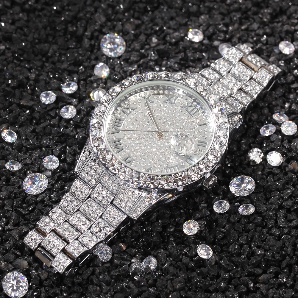 Uwin большой циферблат Полный Iced Out мужские часы нержавеющая сталь модные роскошные стразы кварцевые наручные часы бизнес часы
