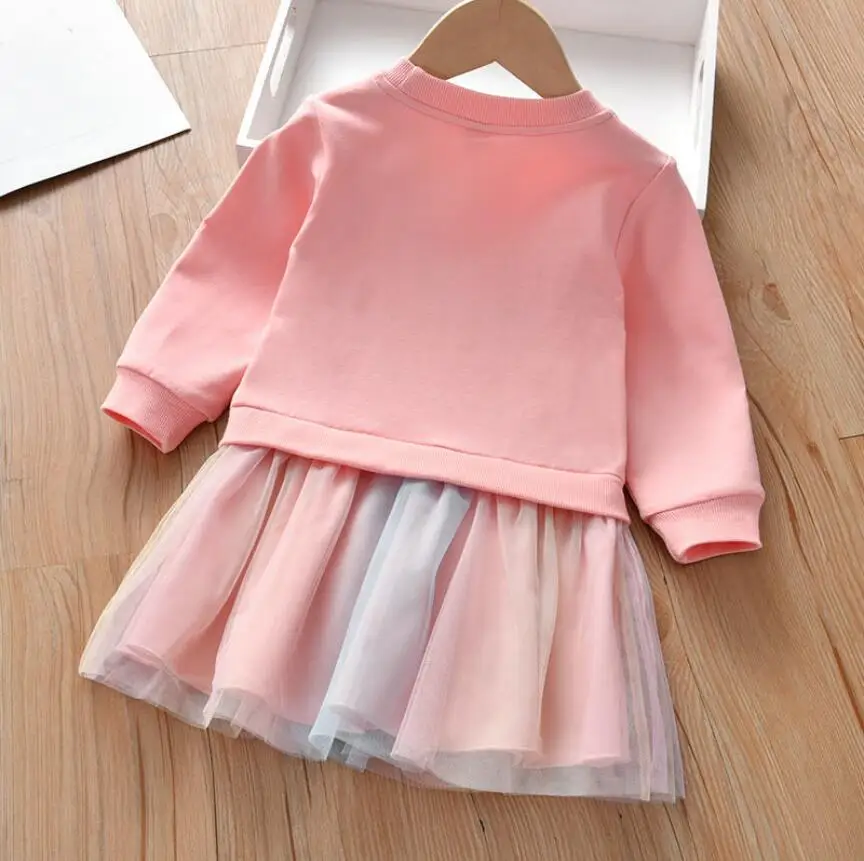 Girls Dress Girl Clothing Autumn Cartoon Unicorn Printed Long-sleeved Shirt Stitching Rainbow Mesh Princess Dress for 2 3 4 5 6 Years girls dress princess costume kids clothes