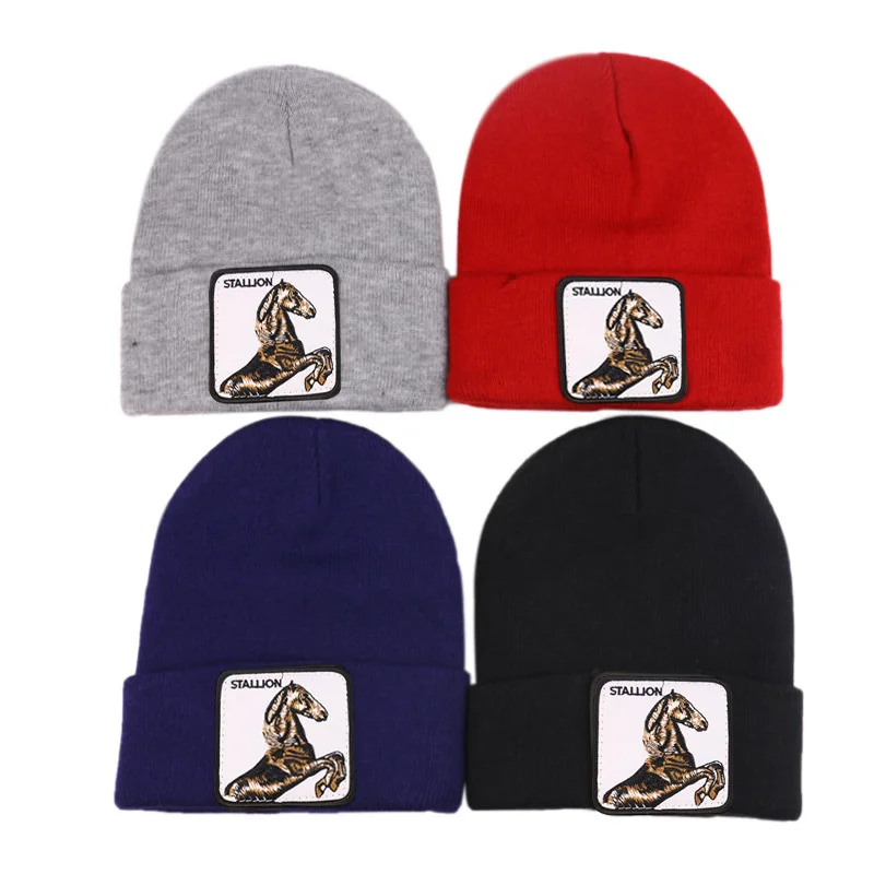 

Winter Men And Women Casual Animal Horse Embroidery Hat Wild Warm Knit Hat Men's Skully Cap