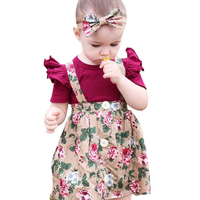 Baby Girls Floral Clothing 3Pcs/Set Sweet Ruffles Short Sleeve Romper + Skirts+Headband For Clothes 0-24M |