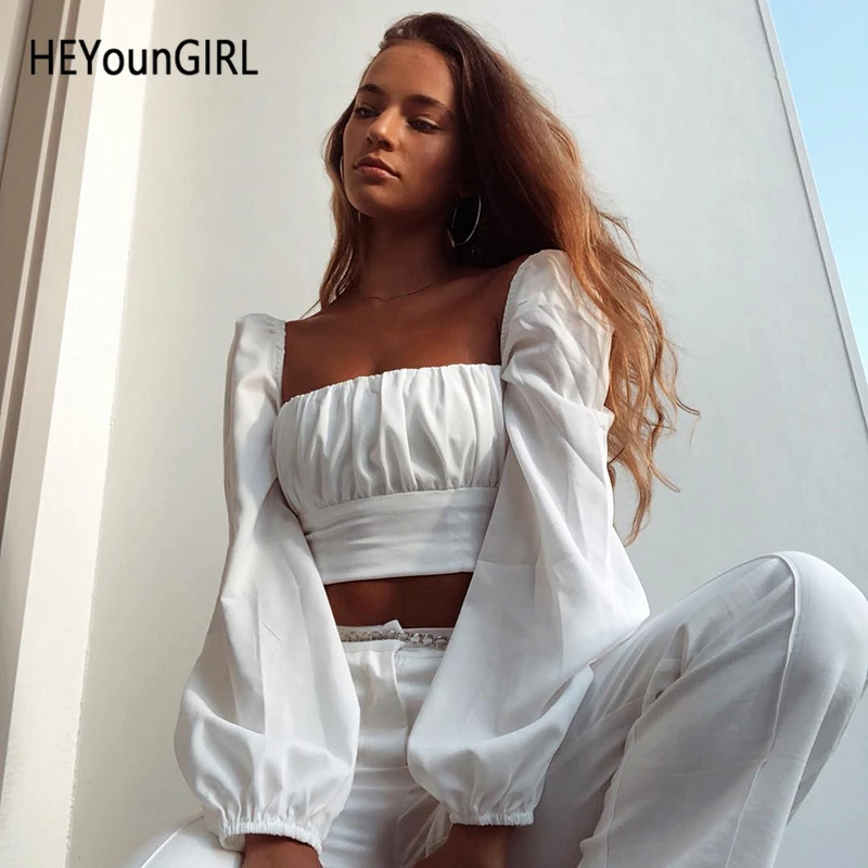 HEYounGIRL элегантный винтажный укороченный Топ Футболка женская пышная белая футболка с длинными рукавами женская футболка со сборкой с u-образным вырезом Женская Осенняя