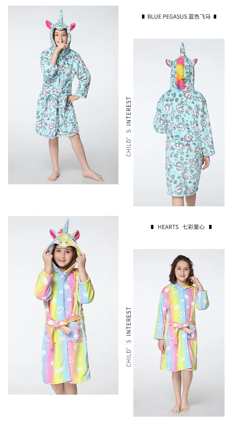 3 6 9 12 Year Winter Bathrobe For Kids Girl Sleepwear Warm Flannel Hooded Unicorn Pajamas Baby Boy Bath Robe Teen Animal Costume cute pajama sets	