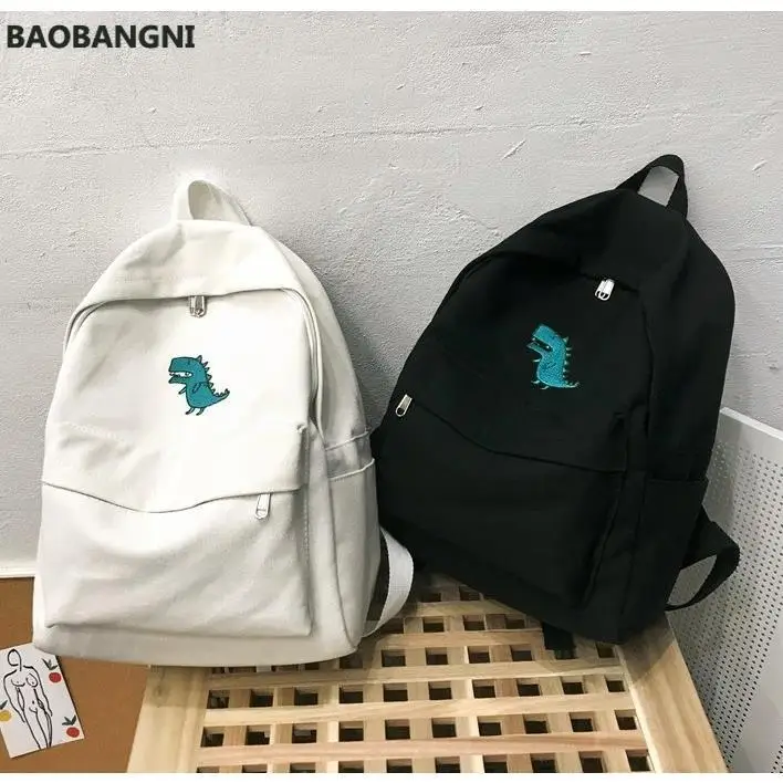 

Women's Korean Style Canvas Backpack Fashion Campus Bag Large Capacity Small Dinosaur Printing Backpacks Book Bag Black White