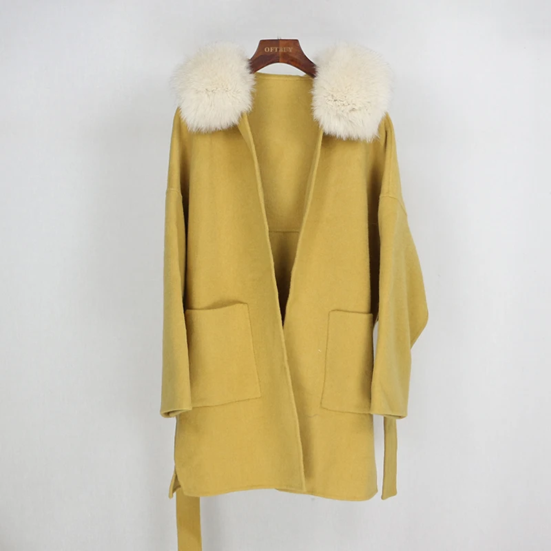 OFTBUY пальто с натуральным мехом, зимняя куртка для женщин, свободный воротник из натурального Лисьего меха, кашемировая шерсть, верхняя одежда, уличный сверхразмерный - Цвет: yellow