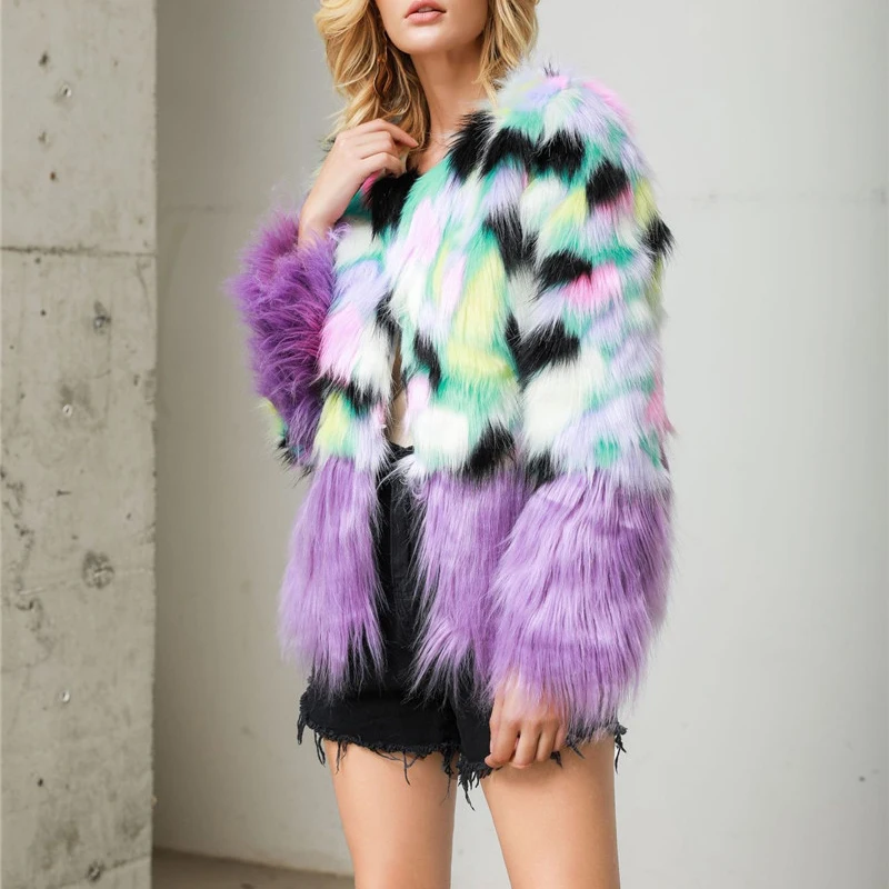 Зимнее женское пальто из искусственного меха свободного размера плюс, свободное разноцветное пальто в стиле пэчворк, женские толстые теплые меховые куртки, кардиган, верхняя одежда