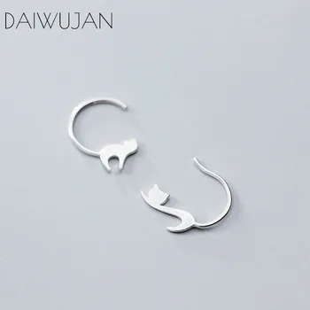 

DAIWUJAN Korean Minimalist 925 Sterling Silver Cute Cat Hoop Earrings for Women Girls Asymmetrical Anmail Earrings Fine Jewelry