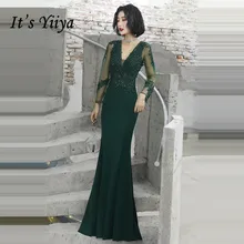 Это Yiiya вечерние платья Элегантное зеленое вечернее платье с v-образным вырезом с длинным рукавом Кружевное нарядное платье размера плюс robe de soiree LF014