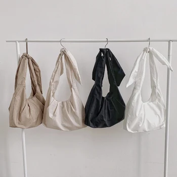 

Solid Color Cotton Women Shoulder Bag Ladies Plicated Handbag Youth Butterfly Cloud Bag Soft Bowknot Light Bag Whole Sale