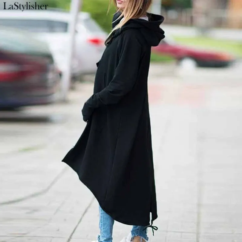 LaStylisher модное женское пальто с длинным рукавом и капюшоном, Осеннее Черное длинное пальто на молнии размера плюс, женское бархатное пальто, одежда