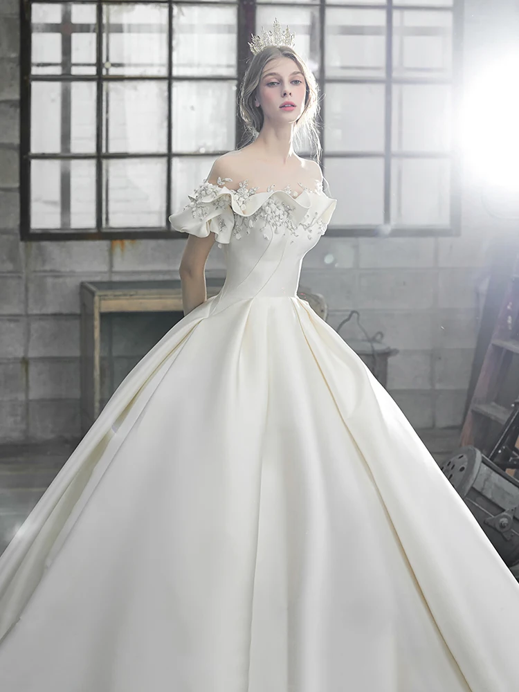 Simple Satin Off The Shoulder Wedding Dresses Ball Gowns Sleeveless Bridal  Gowns | eBay