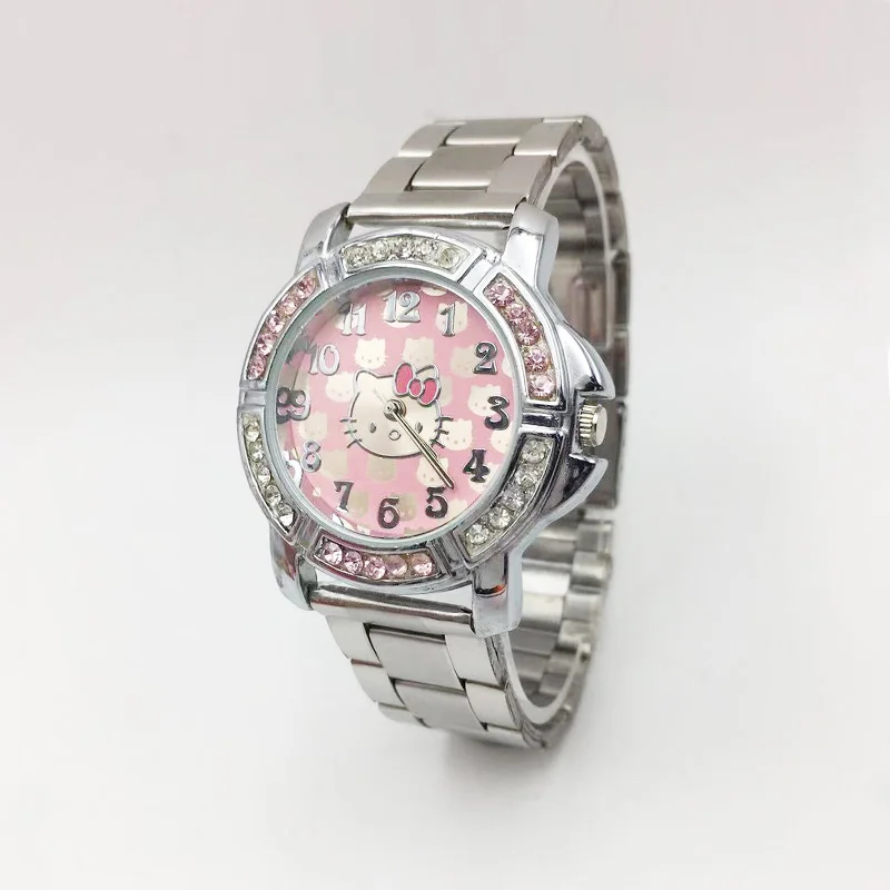 classic design hello kitty cat cartoon watch for women fashion ladies wrist watches shinning crystal pink dial stainless steel bracelet girls students clock female free shipping (12)