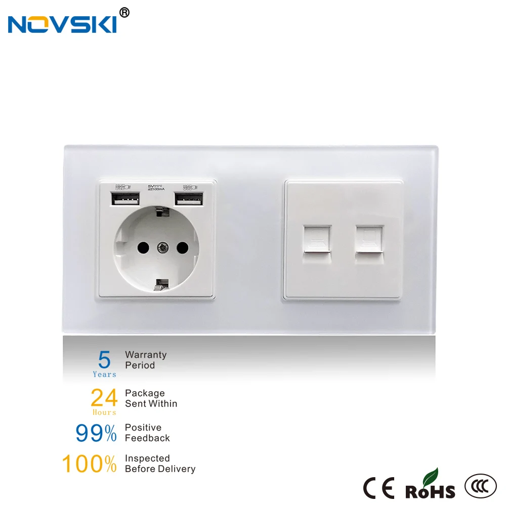 

NOVSKI Dual USB German Electrical Socket + Dual CAT6 10Gb COM Data Socket, Crystal Tempered Glass Panel 86*172, 5 Years Warranty
