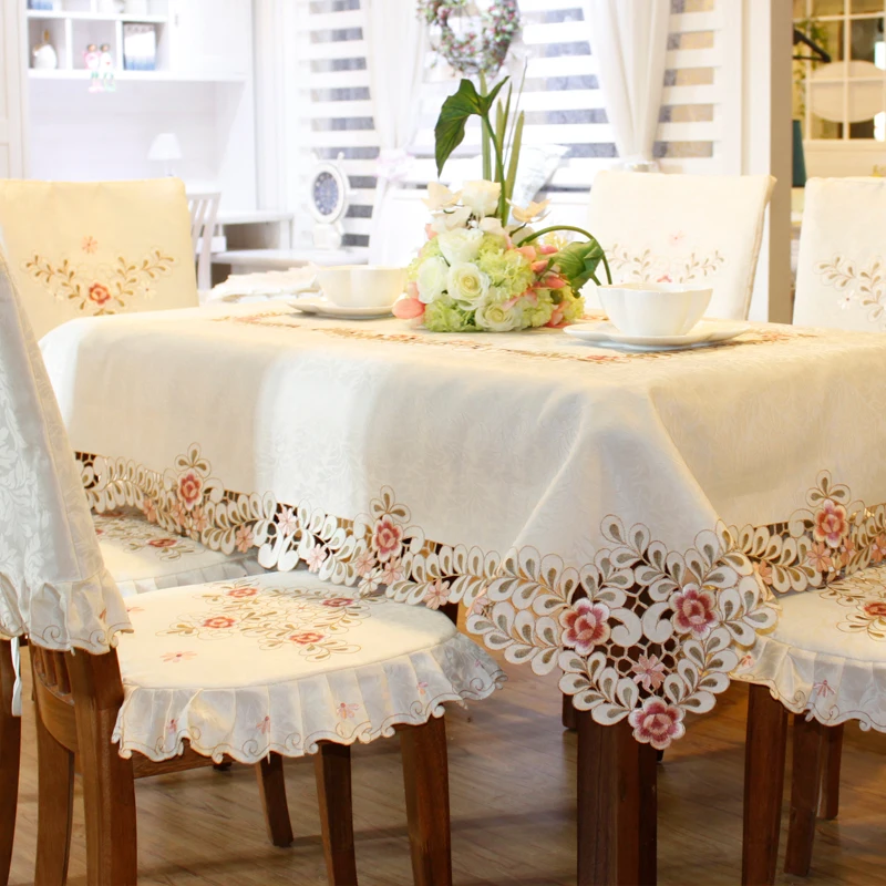 

Proud Rose White Embroidered Table cloth Pink Flower Round Tablecloth Fashion Home Decoration Table Cover Table Runner Wedding