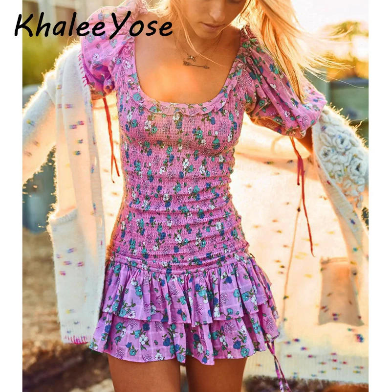 

KHALEE YOSE Violet Floral Mini Dress Autumn 2019 Tiered Smocking Dress RufflesTrim Puff Sleeve Ties Holiday Chiffon Dress Women