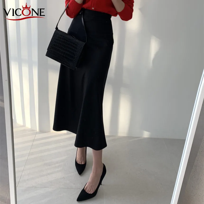 

VICONE New Women Luxury Long Soft Smooth Silk Satin Skirts Office Lady Hight Waist Glossy Skirt