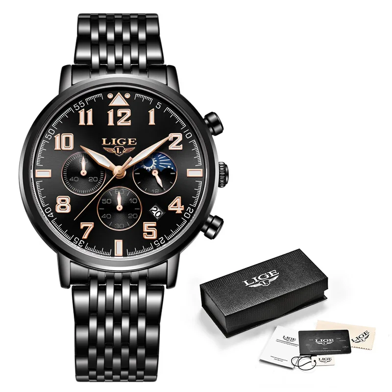 Montre Homme Часы для мужчин люксовый бренд LIGE Хронограф Мужские спортивные часы водонепроницаемые полностью Стальные кварцевые мужские часы Relogio Masculino - Цвет: S black rose gold
