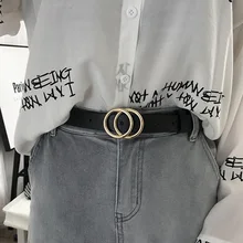 

New Leather Belt For Women Metal Double Round Buckle Waist Strap Luxury Designer Female Jeans Dress Trouser Decorative Waistband