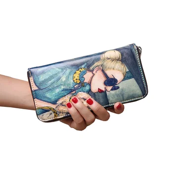 

Genuine Leather Women Wallet Female Long Clutch Lady Wallet Magic Zipper Coin Purse Rfid Luxury Brand Painting Money Bag