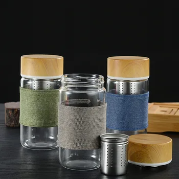 

Simple and Stylish Single Layer Glass Personality Linen Cup Stainless Steel Account Network Bamboo Cover Tea Separation Tea Cup