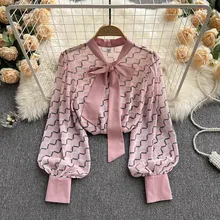 

2022 Women Elegant Bow Tie Printed Chiffon Shirts Spring Long Sleeve Fashion Tops Casual Party Blouse Oversized Blusas Femininas