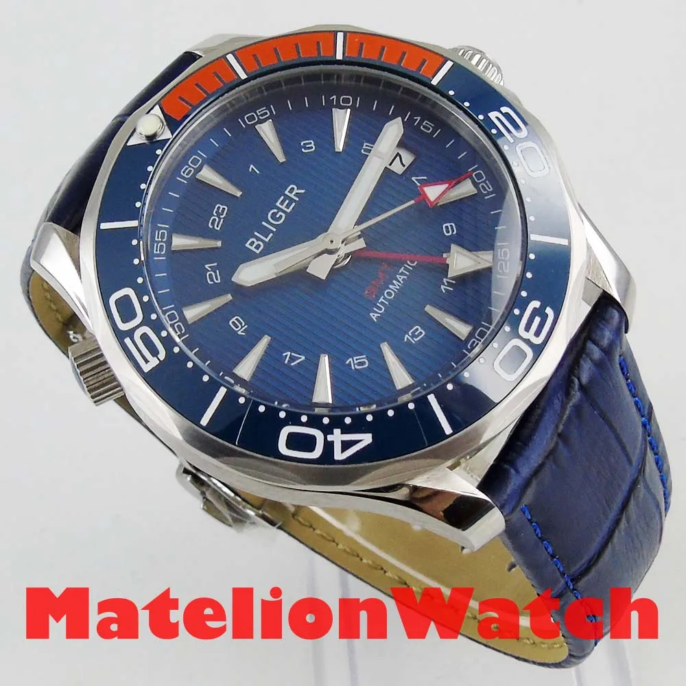 Новые 41 мм Bliger GMT красные автоматические часы мужские роскошные механические водонепроницаемые синий циферблат кожаный ремешок керамический светящийся 928