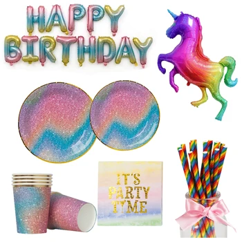 

Color Starry Party Disposable Tableware Rainbow Paper Cup Plate Straw For Wedding Baby Shower Kids Birthday Party Decor Supplies