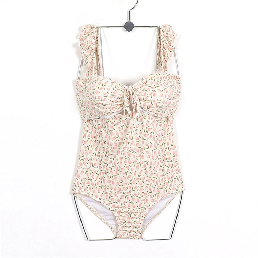 Sexy Vintage Floral Bandeau High Waist Swimsuit With Ruffle Ladies Monokini One Piece Swimwear Women Swim Bath Suit Trikini